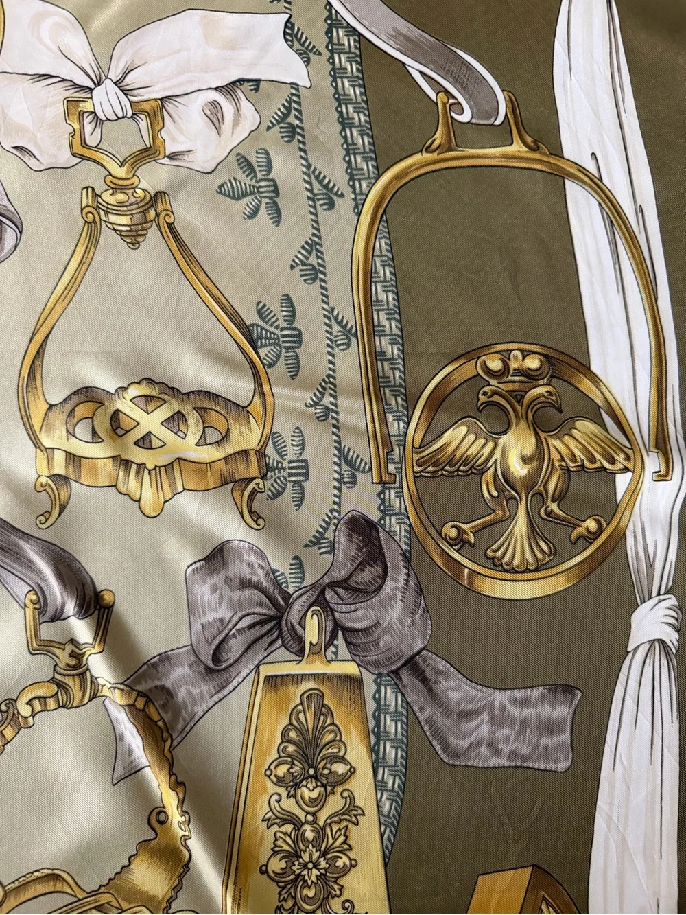 Hermes Etriers Silk Scarf with Gold Equestrian Hardware Print in Olive and Cream - Picture 7 of 16